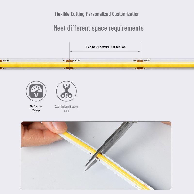 24V Low Voltage Self-Adhesive COB LED Strip Light for Living Room, Cabinet, and Recessed Card Slots