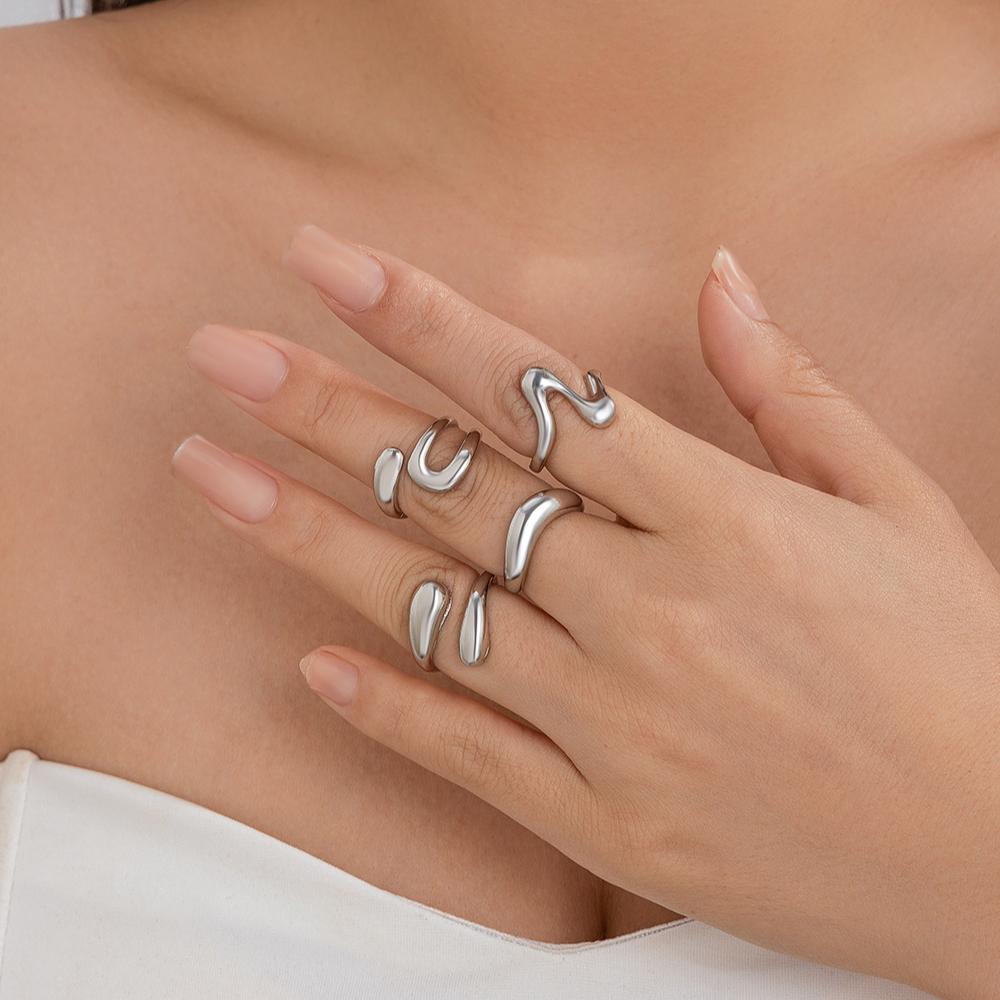 4Pcs/Set Fashion Silver Color Irregular Geometric Open Rings For Women Men Punk Metal Adjustable Knuckle Joint Ring Jewelry Gift