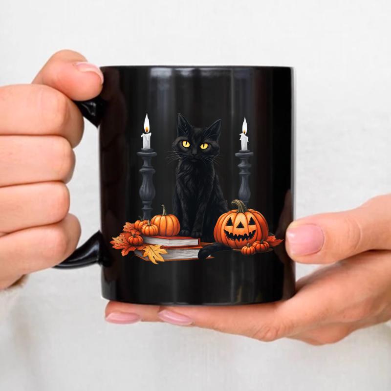 Halloween Black Cat Mug Black Halloween Theme with Black Cat Pumpkin Candles and Books Designed Weird Season Coffee Tea Set чёрный