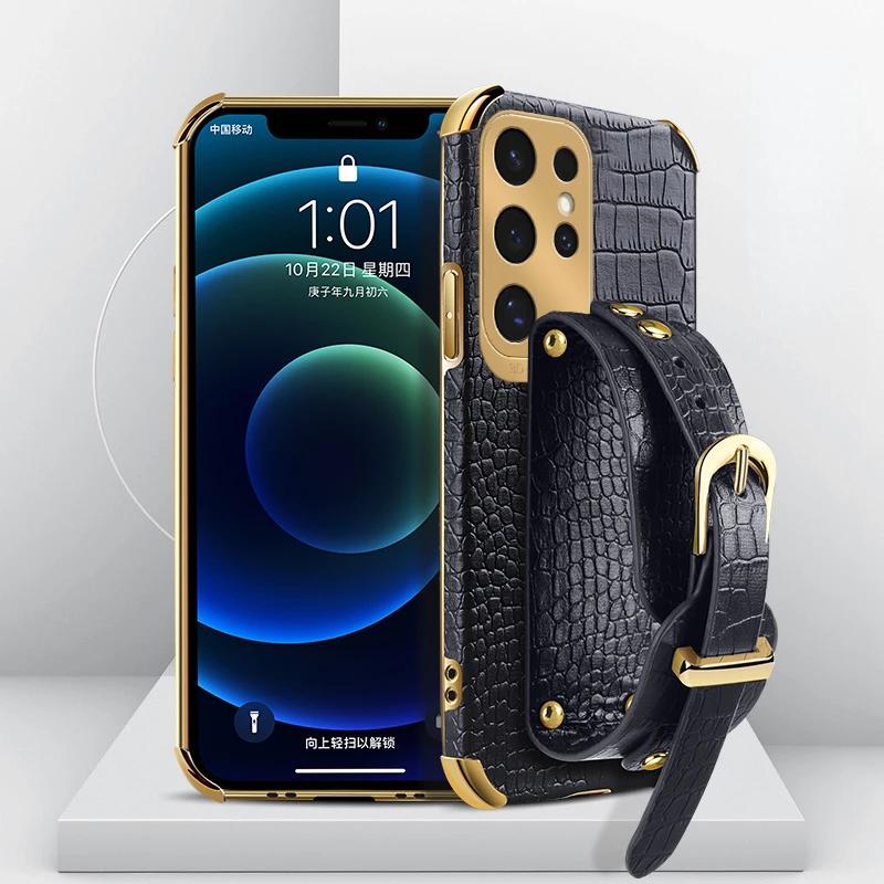 Crocodile Pattern Phone Case For Samsung Galaxy S25edge S24 FE S23 S22 S21 Ultra Plus FE Note 20 9 8 Back Cover With Wrist Strap