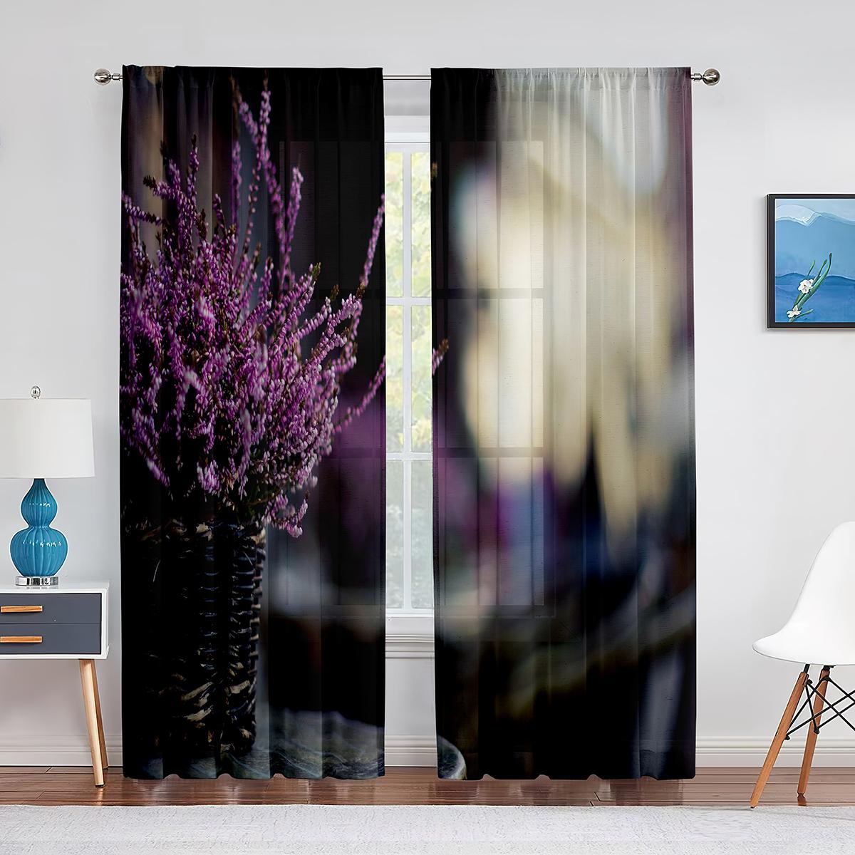 

Деревенские прозрачные шторы с сиреневым цветком, фиолетовым лавандовым цветочным узором для гостиной, спальни, кухни, тюлевые шторы из вуали, занавески на окна 1 PCS W100XH250cm&Grommet Top