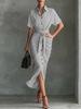 Women's Casual Dresses - Vintage Women Pleated Short Sleeve Button Down Shirt Dress Fashion