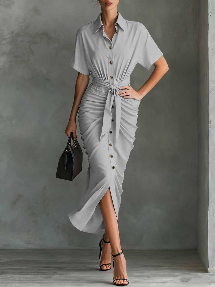 Women's Casual Dresses - Vintage Women Pleated Short Sleeve Button Down Shirt Dress Fashion
