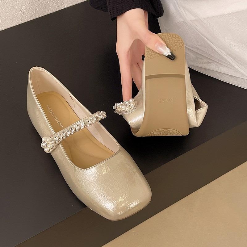 

Summer new with skirt silver single shoes femininity flat bottom square head rhinestone Mary Jane shoes pearl 35