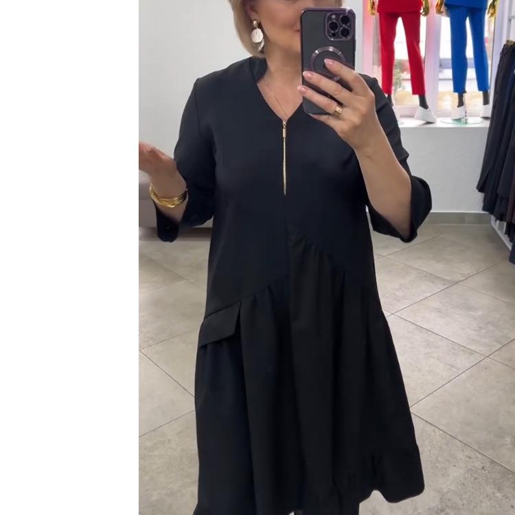 Evropské a americké dámské jednobarevné šaty slim-fit se stojáčkem a zipem s dlouhým rukávem na jaro a podzim