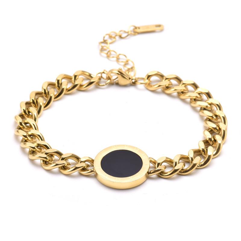 18K Gold Plated Roman Numeral Black Onyx Cuban Link Bracelet, Dainty Chunky Chain Bracelet for Women, Trendy Jewelry