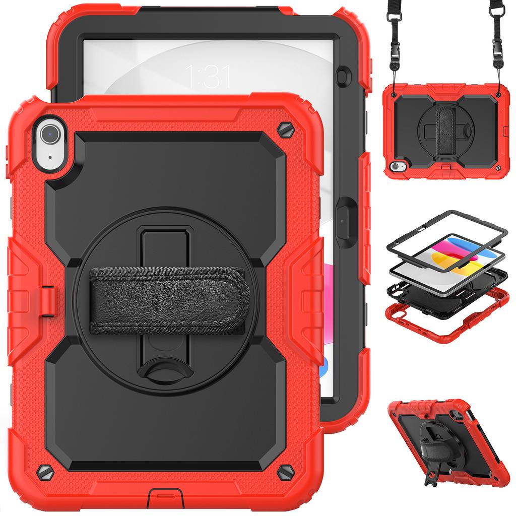 For IPad 10th Generation Case 10.9 Inch , Military Grade Shockproof Protector Silicone Cover Pencil Holder+Handle Shoulder Strap
