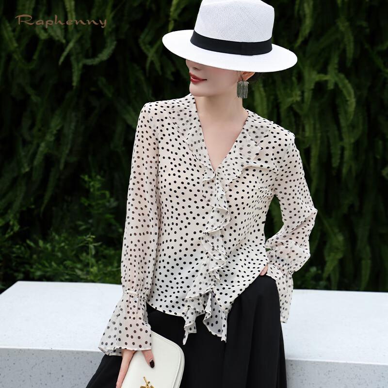 Raphenny Women's Elegant Polka Dot Ruffle V-Neck Long Sleeve Blouse