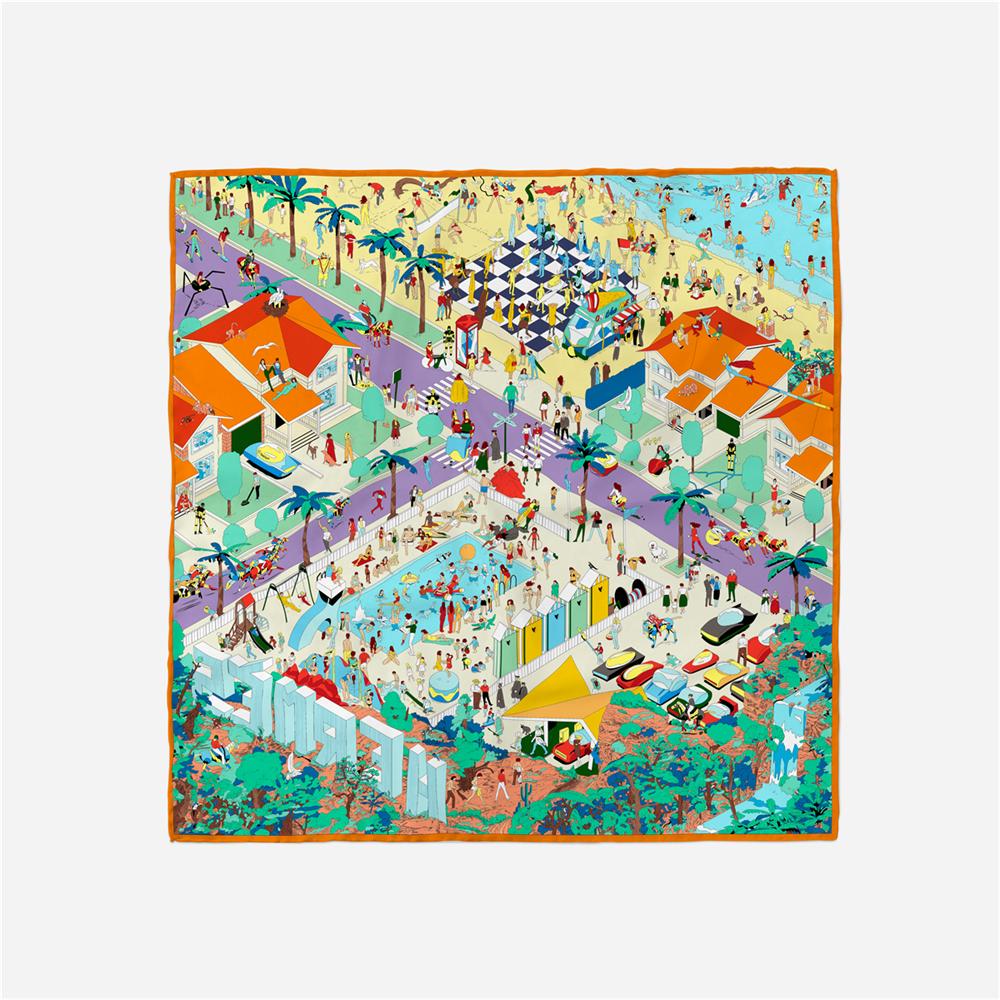 POBING Twill Silk Scarf Women Resort Print Square Scarves Wraps Bandana Small Hijab Silk Foulards Tie Headband Neckerchief 53CM