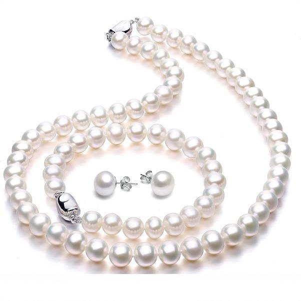 

Freshwater pearl necklace bracelet three-piece set of all-bead jewelry mother s simple ingot buckle collarbone chain