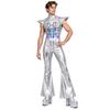 Retro 70er Disco Club Jumpsuit für Herren Flatterärmel Reißverschluss vorne Farbverlauf Pailletten Oberteil Schlaghosen Color Block Unitard Halloween