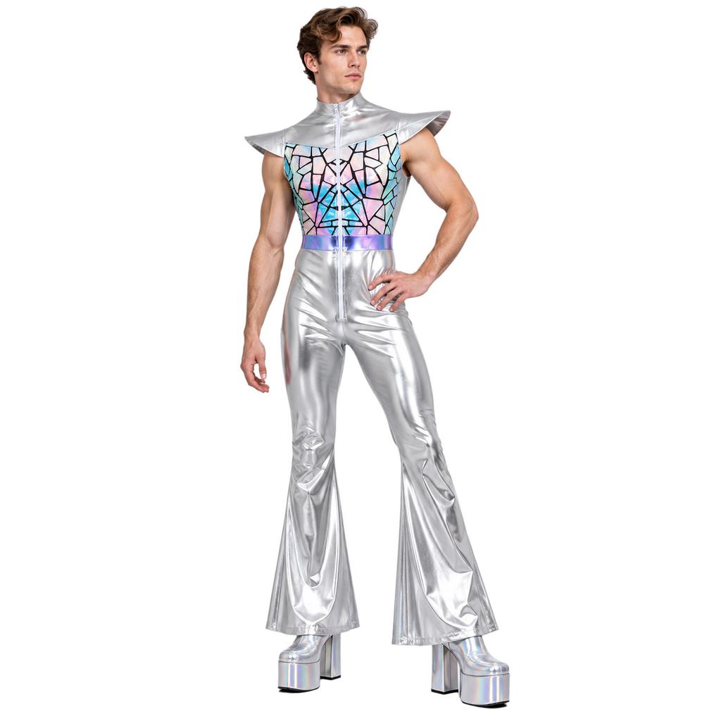 Retro 70er Disco Club Jumpsuit für Herren Flatterärmel Reißverschluss vorne Farbverlauf Pailletten Oberteil Schlaghosen Color Block Unitard Halloween