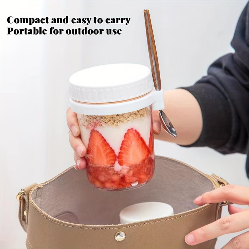 4pcs 11.83oz Glass Oatmeal Cup with Spoon, Breakfast Cup with Scale, Portable Breakfast Salad Jar, Yogurt Container, Storage Tank for Family Dining