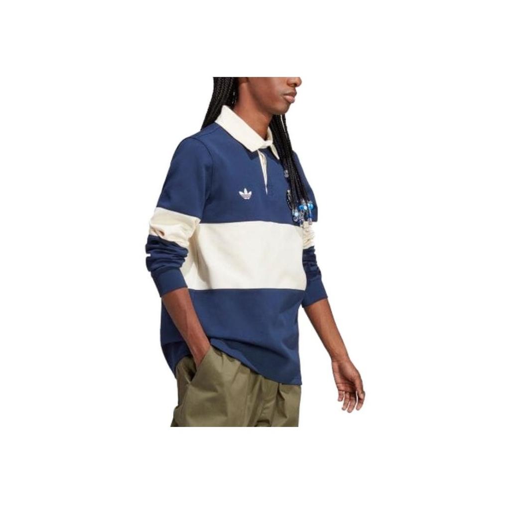 Adidas Originals Trefoil Contrast Logo Print Long Sleeve Polo Shirt Men Top Blue White IP7174