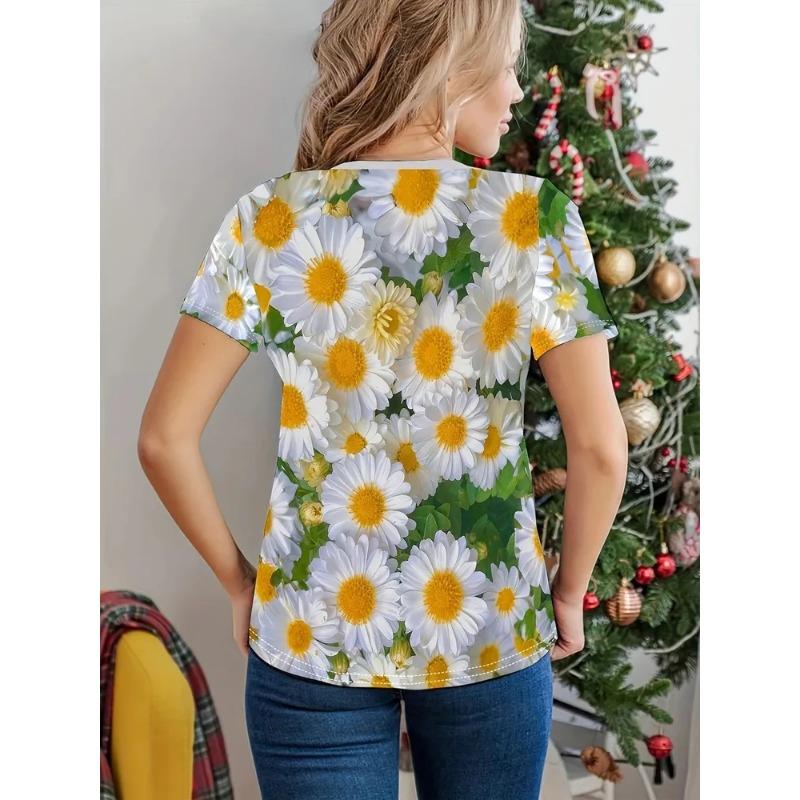 Women's Summer Round Neck Short Sleeved T-shirt Paired with 3D Floral Print Casual Top Breathable and Machine Washable Suitable for Outdoor Daily Wear
