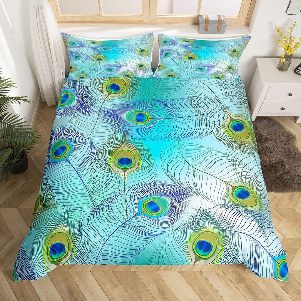 Peacock Feather Duvet Cover Queen Rustic Wildlife Woodland Animal Bedding Set for Boys Girls,Watercolor Peafowl Comforter Cover