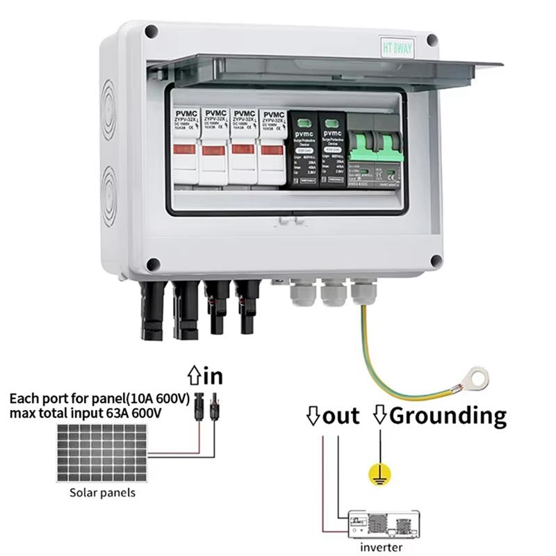 A74E-Photovoltaic IP65 Waterproof Solar PV Combiner Box 2 In 1 Output DC600V Fuse MCB SPD With Ground Wire Protection