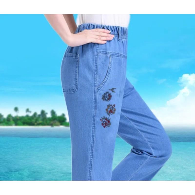 Women's Spring Summer Thin High-waist Jeans Mother Elastic Waist Female Casual Trousers Denim Nine Branch Pants