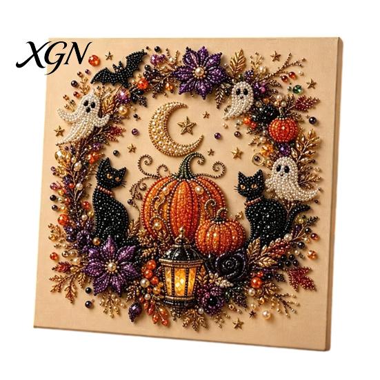 Handgemachtes Geschenk für Bastelfreunde 2 Stück Halloween Kunst mit Kunstperlen, Geisterkürbis Hexe Krähe Malerei DIY Funkelndes Perlen-Set Kit, 3D Totenkopf