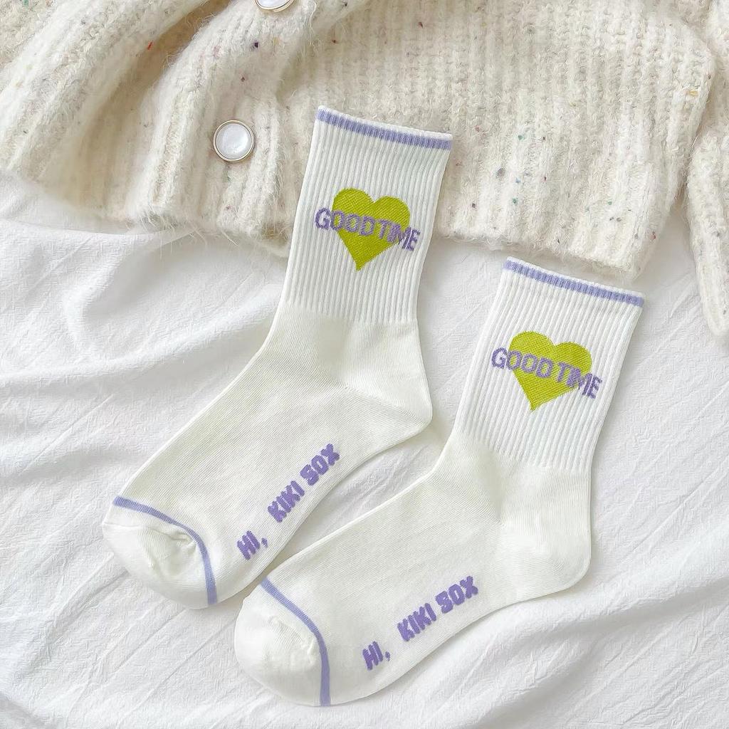 Women's Mid-Calf Socks: Trendy Spring/Summer Street Style – Comfortable, Breathable with Letter and Smiley Face Designs