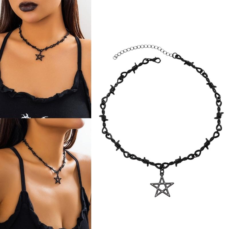 Gothic Thorn Star Necklace Punk Hip Hop Neckchain Y2K Pendant Clavicle Chain Medieval Statement Pieces Jewelry Gift