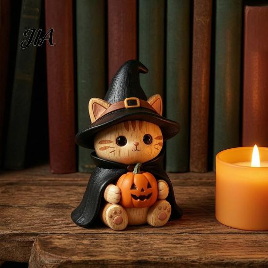 Trendy Desk Accessories Vintage Witch Cat Halloween Decoration, Small Wooden Unique Gift for Her Figurine Farmhouse Mantel, Bookshelf Table,