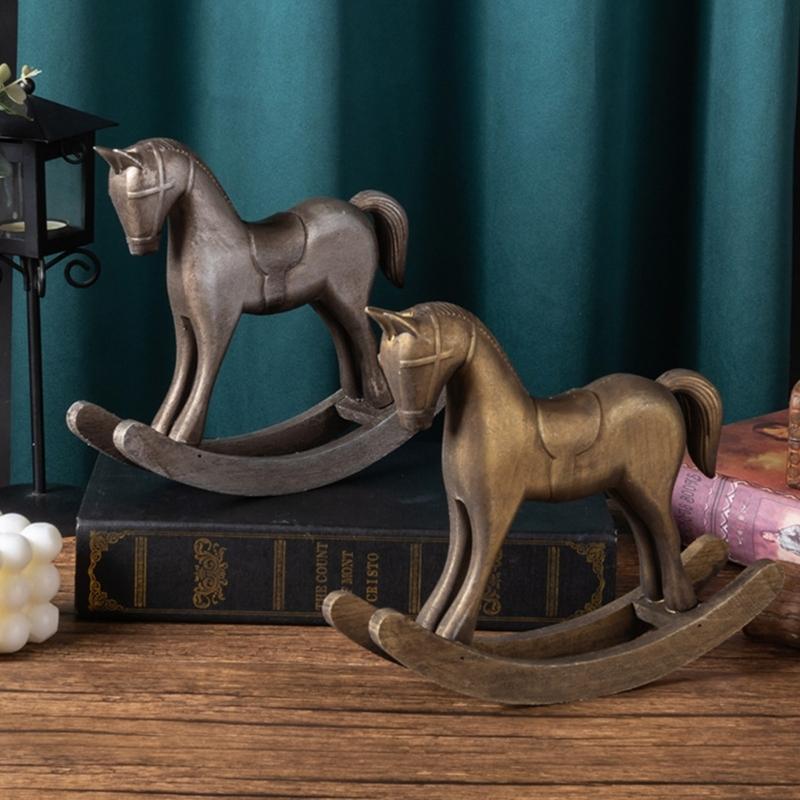 Handmade Wooden Rocking Horse Sculpture Classical Vintaged Home Accent Decorative Statue For Living Room Decoration
