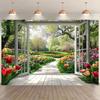 2D Spring Floral Tapestry, Window View To Tulip Garden Wall Hanging for Aesthetic Room