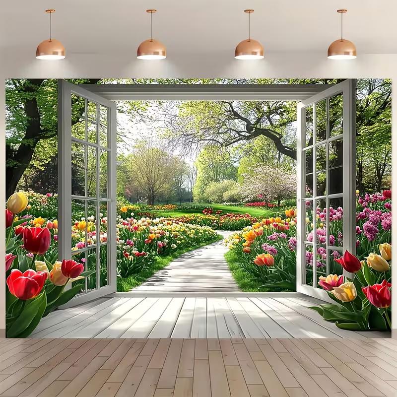 2D Spring Floral Tapestry, Window View To Tulip Garden Wall Hanging for Aesthetic Room