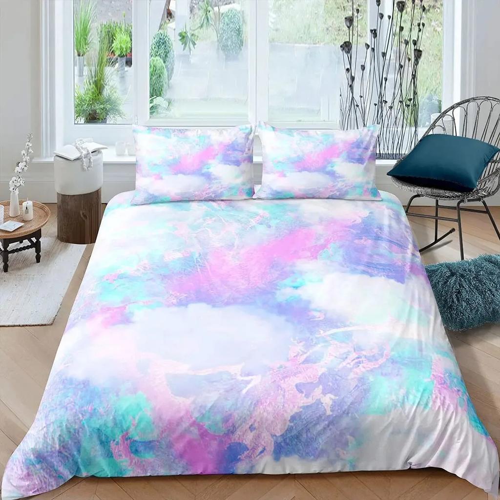 Colorful Marble Tie Dye Watercolor Pastel Abstract Girly Comfortable Duvet Quilt Cover Pillowcase Bedding Set Children Bedroom