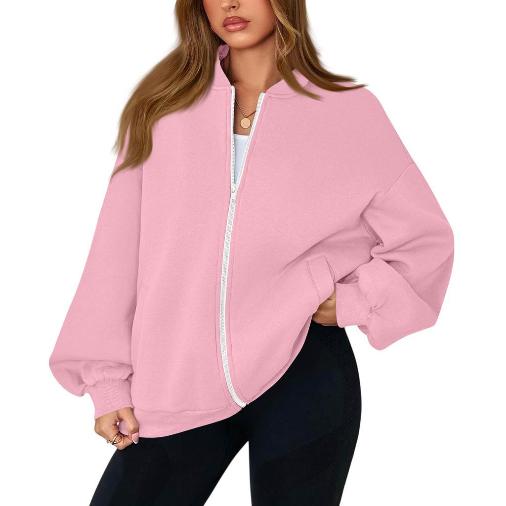 Women's Fashion Long Sleeve Color V-Neck Loose Oversize Zipper Jacket