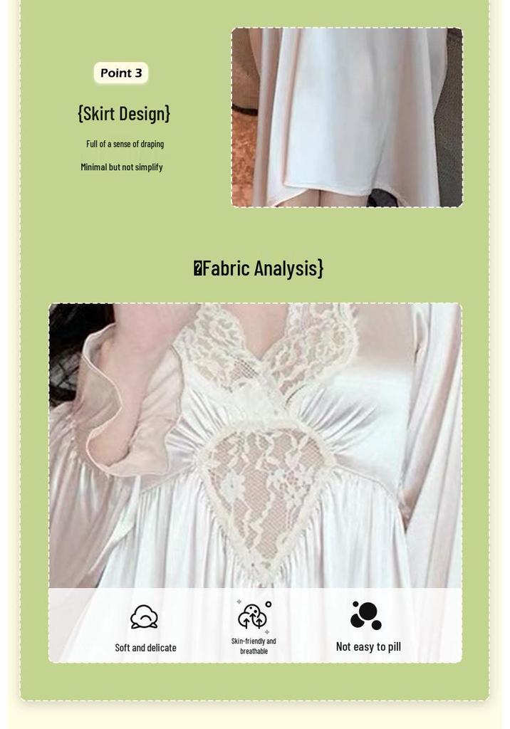 Women's Long Sleeve Lace Trim Nightgown, Ice Silk Sleep Dress with Chest Pad, Court Style, Solid Color, Light Luxury, Spring & Autumn.