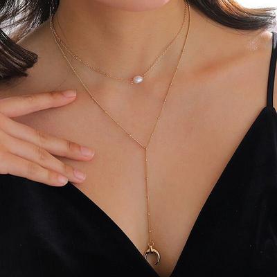 Simple Fashion Minimalist Alloy Lasso Necklace Women's Satellite Chain Pearl Moon Horn Necklace