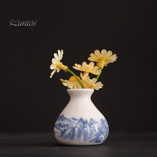 Miniature Flower Pot for Succulents Small Blue and White Porcelains Vase, Mini Chinoiserie Bud Vintage Ceramic Decorative Desktop Planter Oriental
