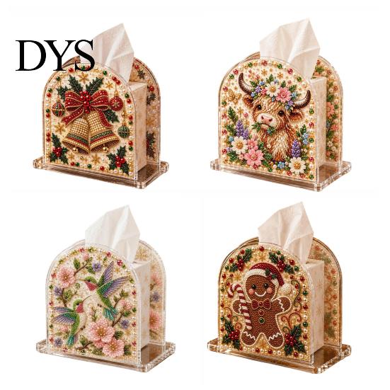 Handmade Craft Project for Adults DIY Christmas Faux Pearl Art Painting Tissue Box Holder, 3D Rhinestone Beads Gingerbread Man Crafts Gem Holder