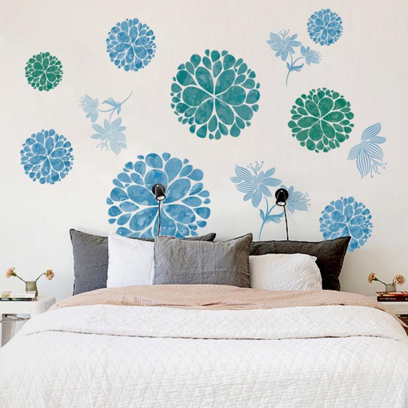 Buy Removable Wall Stickers Blue Flower Waterproof PVC Decals Living Room Bedroom Wallpaper