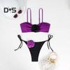 2Pcs/Set Women Bikini Set Sling Flower Decor Bra Lace-Up Briefs Set Three-Dimensional Flowers Adjustable Shoulder Straps Swimsuit