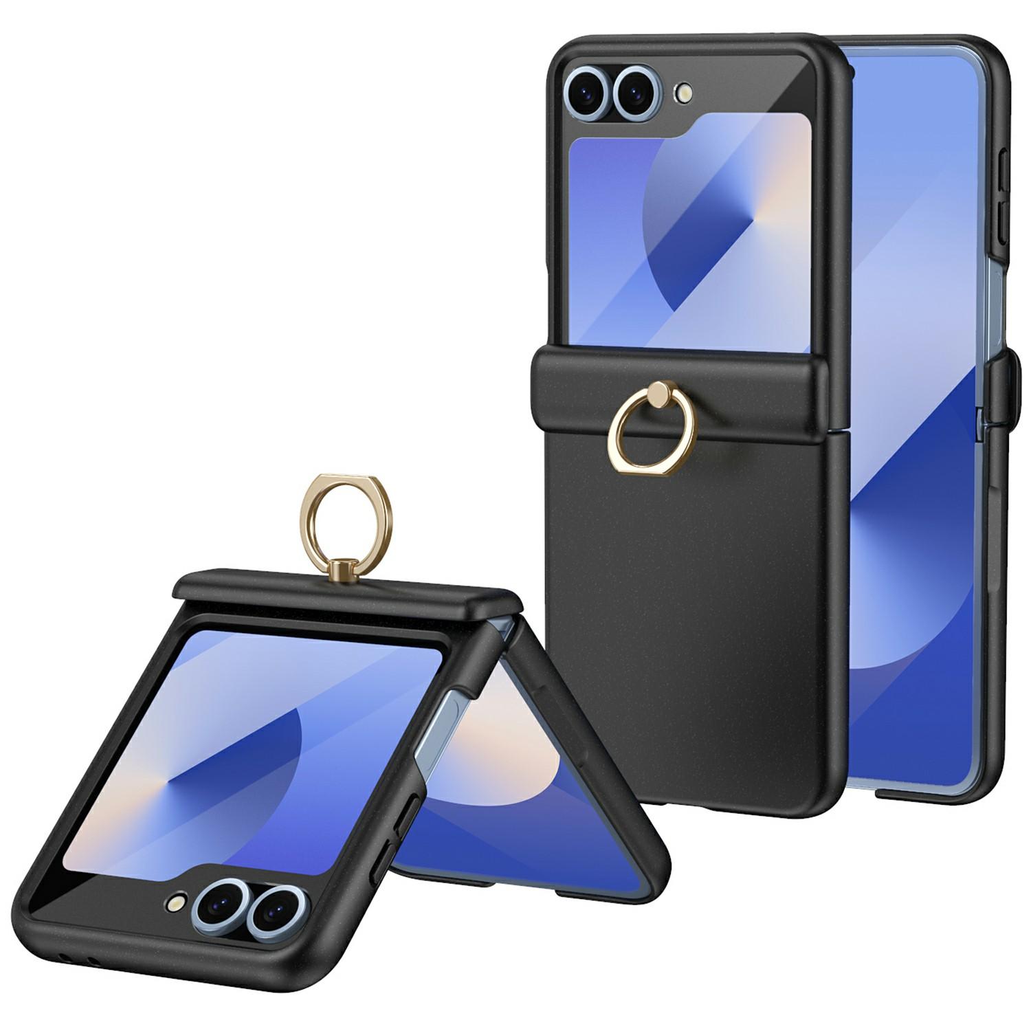 

For Samsung Galaxy Z Flip5 5G Case with Tempered Glass Film Ring Holder Kickstand PC Phone Cover Black