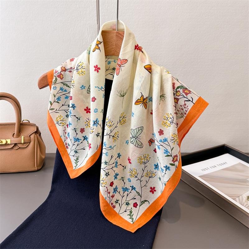 Butterfly flower pure cotton small square scarf high-end printing silk scarf headscarf shawl scarf women's professional scarf scarf scarf