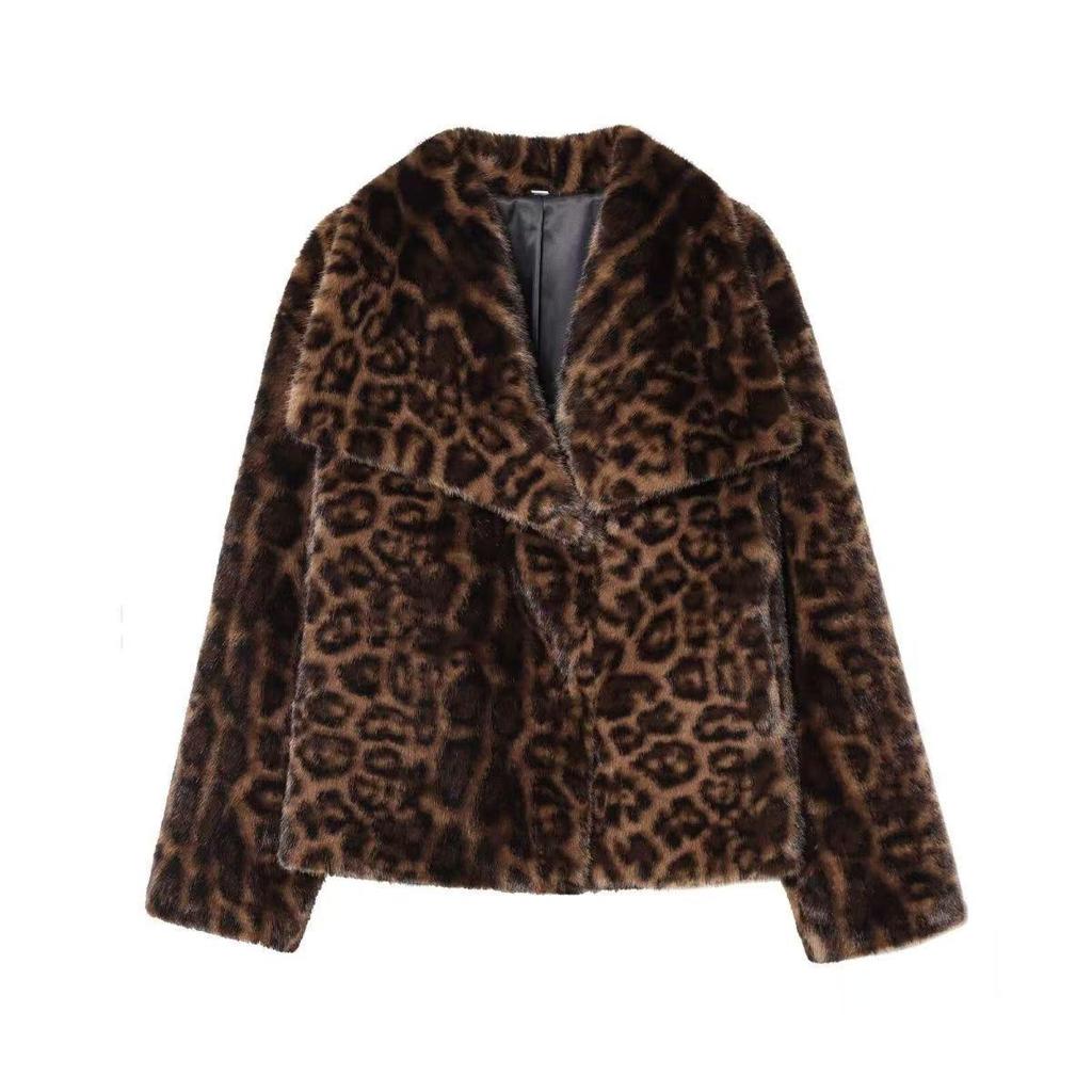 Europäischer & Amerikanischer Stil 2026 Leo-Print Kunstpelzjacke mit großem Revers