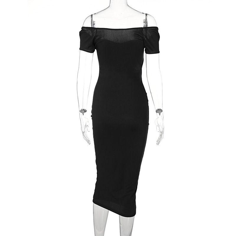 

One-Line Neck Ribbed Long Dress Fashion off-Neck Rib Long Silm Dress Black L