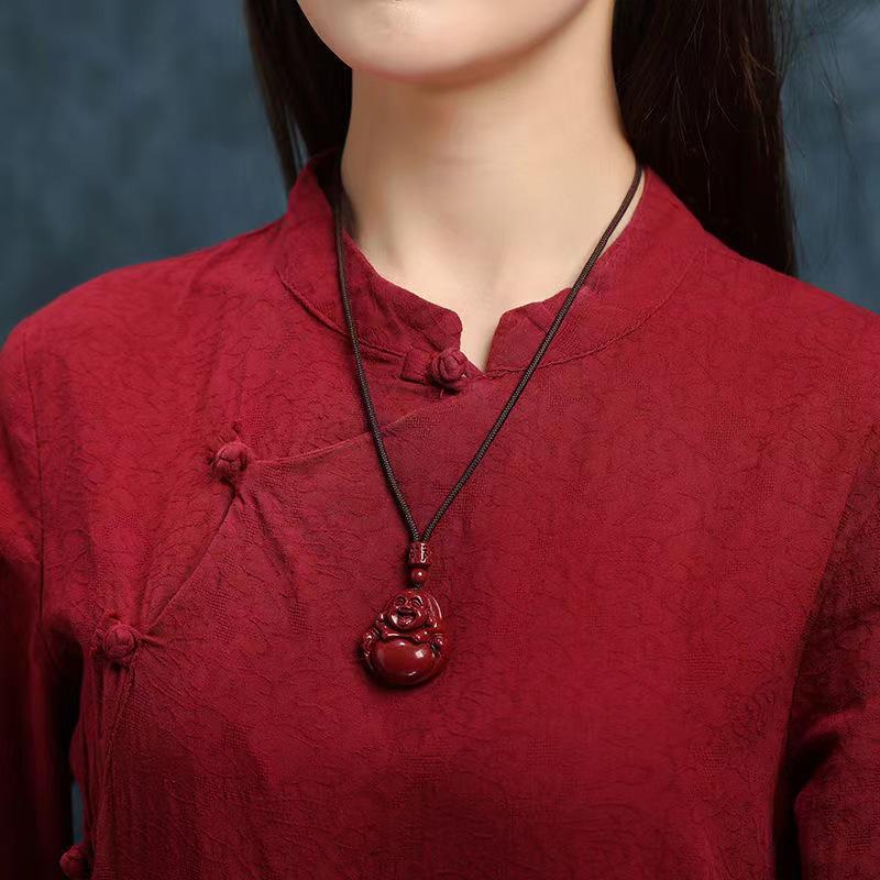 Purple Gold Sand Cinnabar Maitreya Buddha Pendant Necklace, Lucky Big Belly Buddha Amulet for Women