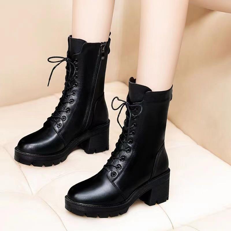 Autumn and Winter Pointed Short Boots New Boots High Heel Lace-up Soft Leather Middle Heel Show Feet Thin Velvet Martin Boots