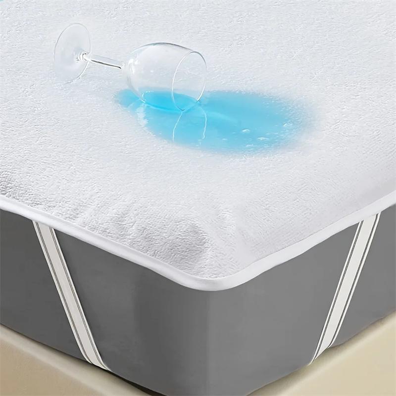 Waterproof White Mattress Pad Cover Terry Cloth Bed Fitted Sheet Elastic Belt Fix Mattress Topper Anti Water Sheet