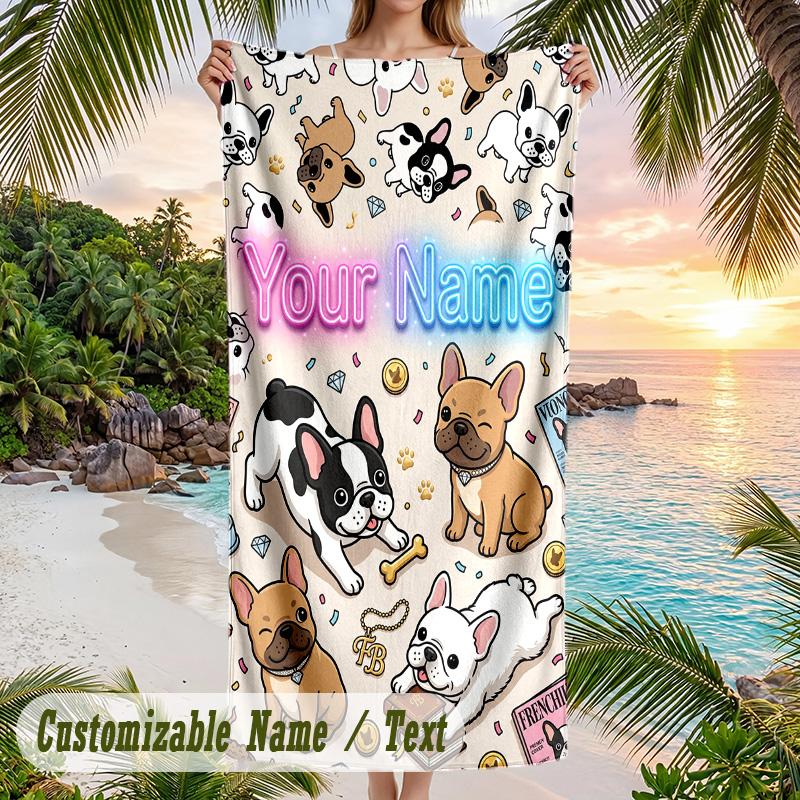 Dog Theme Beach Towel Personalized Custom Name & Text Soft Quick Dry Beach Towel for Swimming Travel