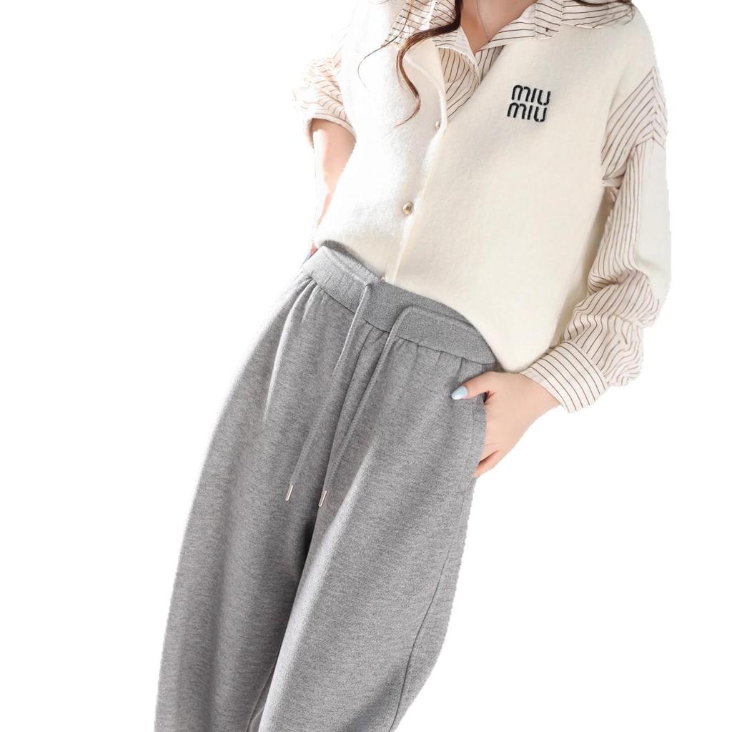 Women's Light Grey High-Waist Wide Leg Wool Pants - Casual Autumn Floor-Length Straight Sport Trousers