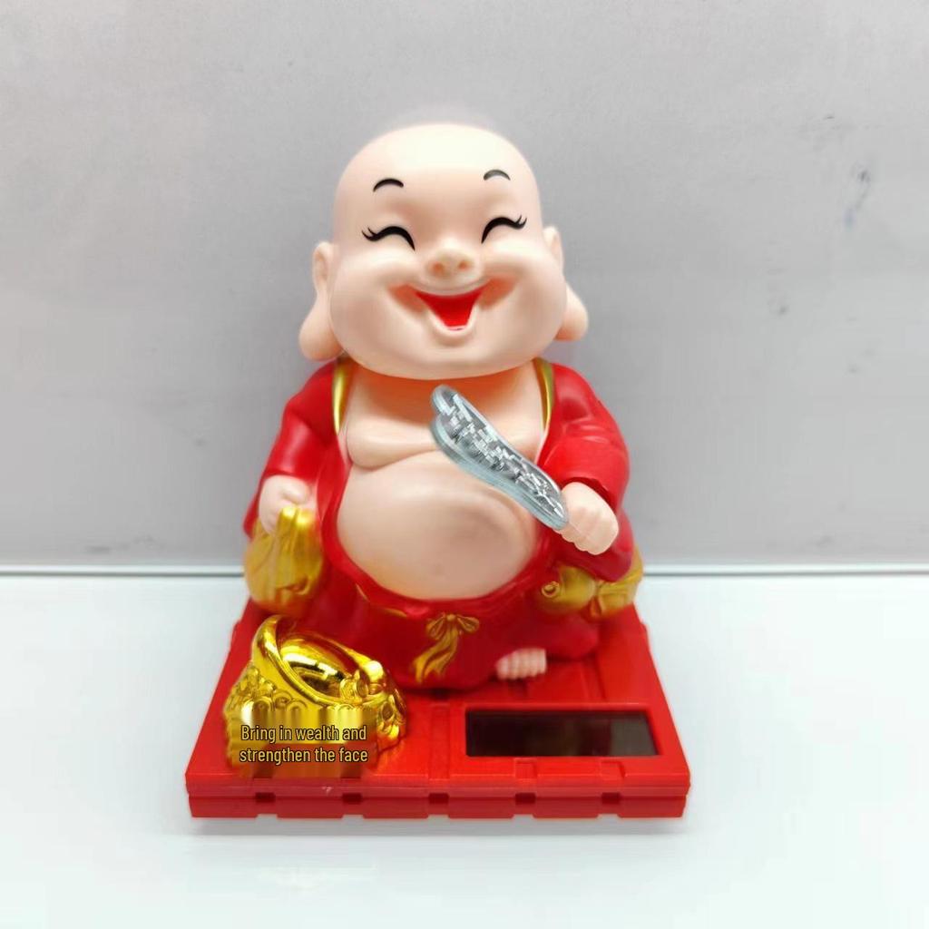 Online Solar-Powered Wooden Little Monk Car Figurine - Buddha Decoration