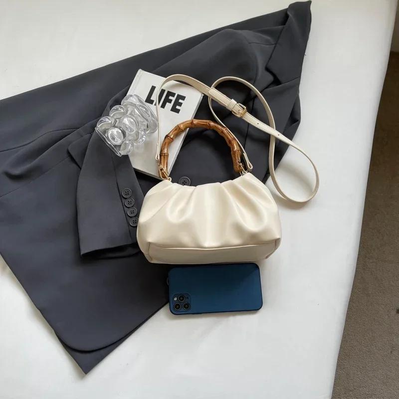 Solid PU Pleated Hand Bags for Women Bamboo Handle with Zipper Buckle Fashion