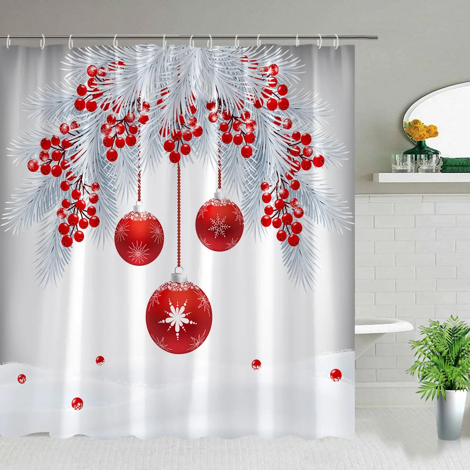 

С Рождеством Рождественские шторки для душа Красный рождественский шар Ель Снег Ткань Ткань Набор штор для ванной Декор для ванной с крючком Полиэстер Стираемый 35x70in-90x180cm