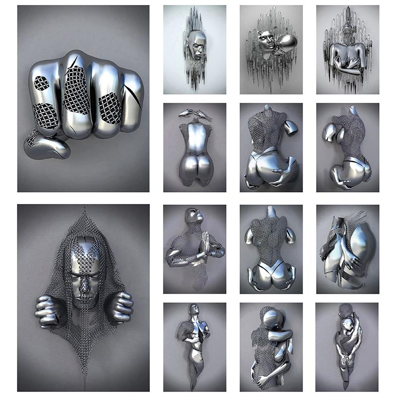 3D Abstract Metal Man Decorative Painting Poster Nordic Prints Canvas Painting Wall Art Picture for Living Room Home
